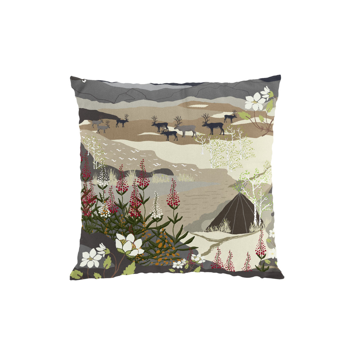 Kuddfodral med renar. Beige fjällnatur med kåta