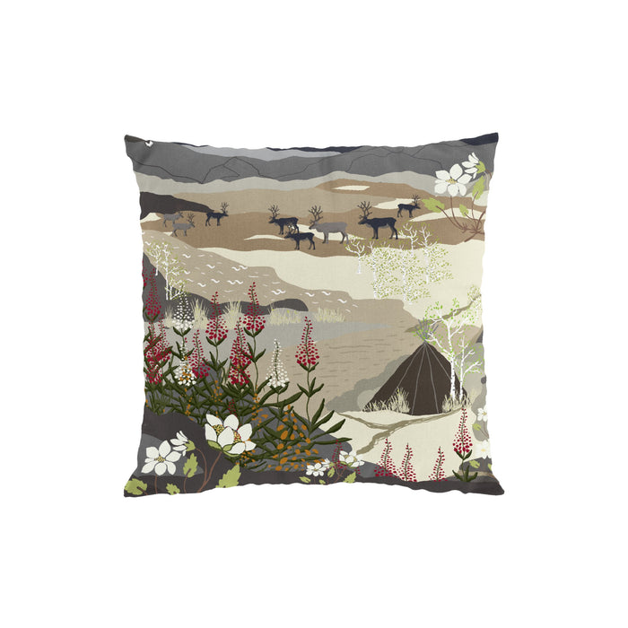 Kuddfodral med renar. Beige fjällnatur med kåta