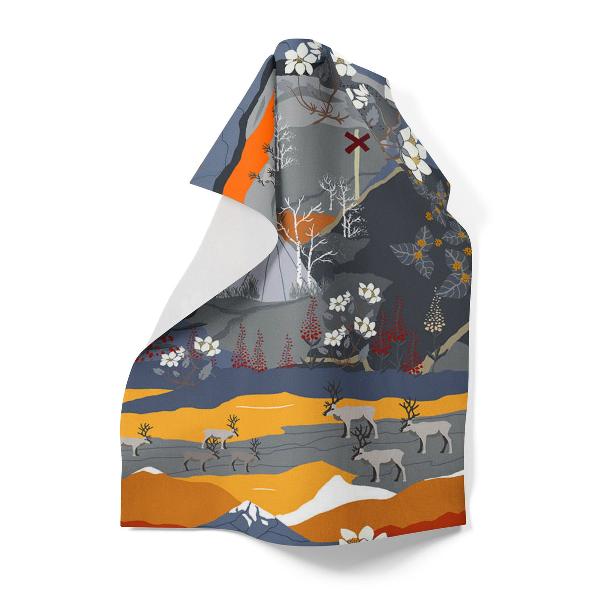vacker kökshandduk med renar och fjäll i orange och grå färg