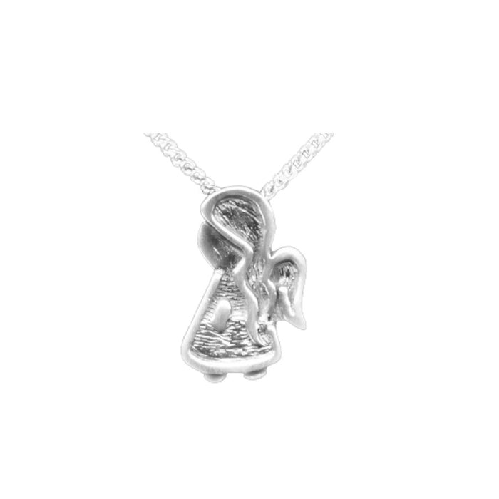 ett silverhalsband med en skyddsängel som hänge, vit bakgrund